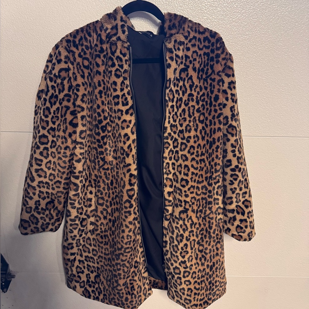ZARA Leopard Print Faux Fur Coat